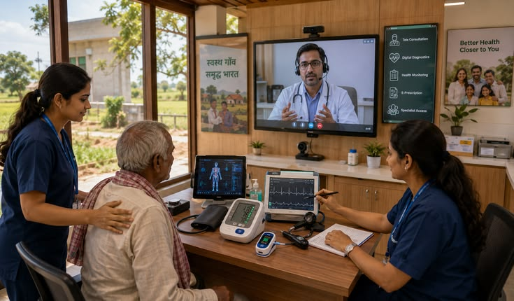 Doctor consulting a patient remotely through a health kiosk